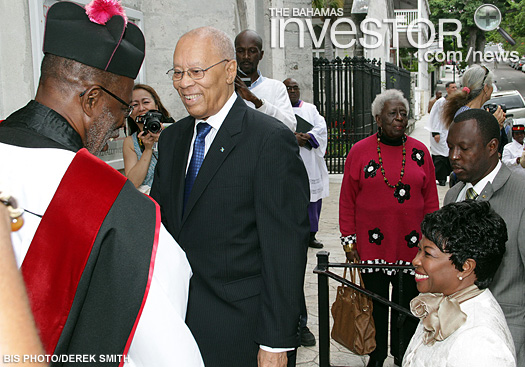 The Very Rev’d Patrick Adderley, Dean and Rector of Christ Church Cathedral, greets Governor-General Sir Arthur Foulkes and Lady Foulkes